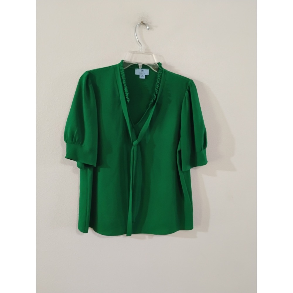 CeCe Green Ruffle Tie Neck Puff Sleeve Blouse Womens Medium V-Neck Top